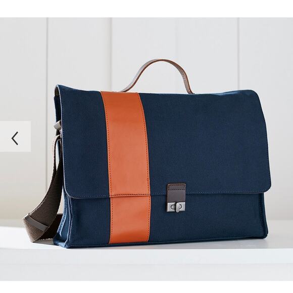 Pottery Barn Handbags - Pottery Barn Bradley Leather Canvas Messenger Laptop Bag Navy Orange
